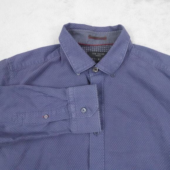 Ted Baker Shirt Mens Large Blue Patterned Button Up Long Sleeve Cotton‎ Dress - Picture 1 of 15